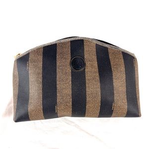 FENDI Pequin striped Black Canvas Leather trim Pouch Clutch Bag Made in Italy